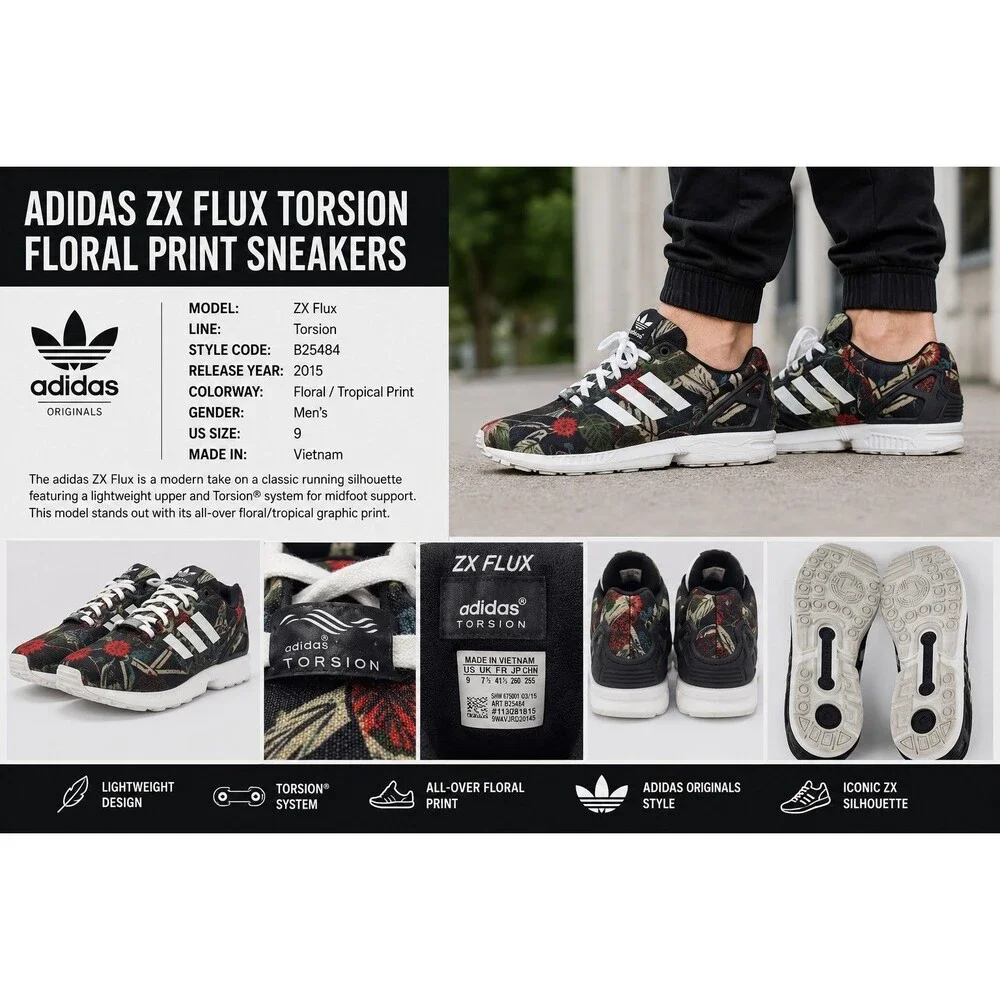 Men 9 Adidas Original Flux Torsion Floral Tropical Print Running Shoes  B25484